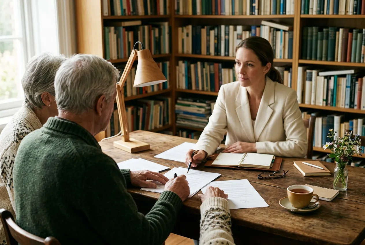 An adviser reviewing documents with an older couple in a book-lined study